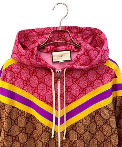GUCCI（グッチ）GUCCI (グッチ) GG総柄テクニカルジャージパーカー ブラウン×ピンク サイズ:Sの古着・服飾アイテム