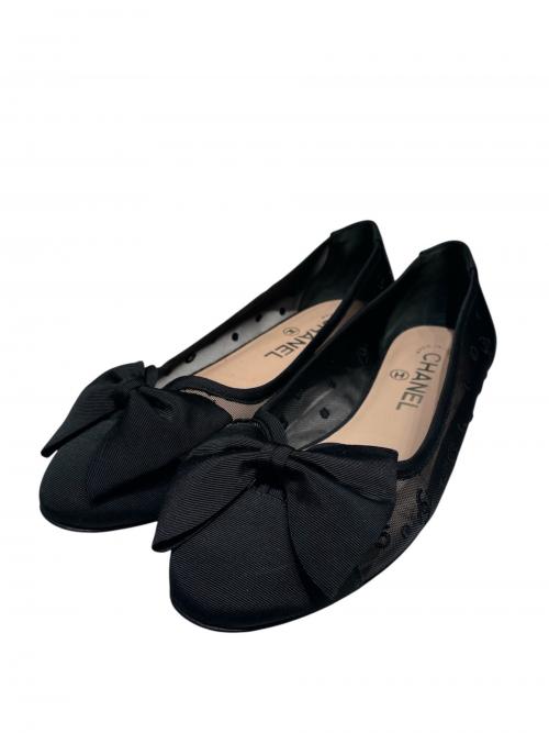 CHANEL（シャネル）CHANEL (シャネル) ココマーク ドット チュール リボン フラットシューズ ブラック サイズ:size36 1/2の古着・服飾アイテム