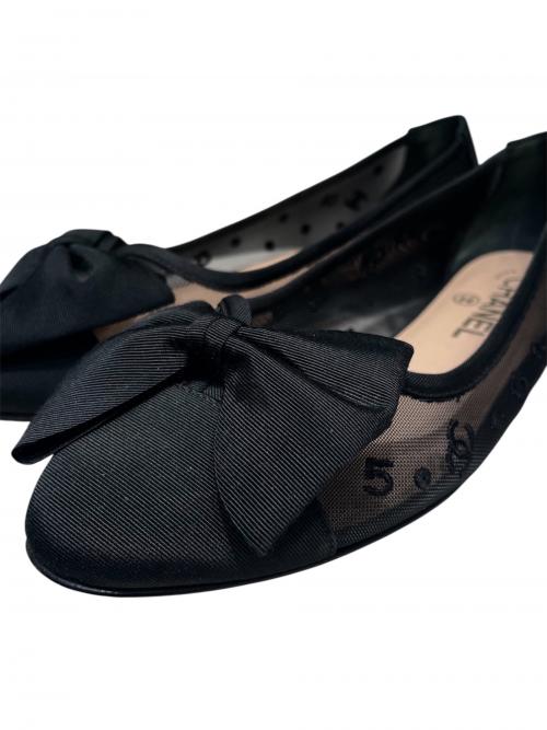 CHANEL（シャネル）CHANEL (シャネル) ココマーク ドット チュール リボン フラットシューズ ブラック サイズ:size36 1/2の古着・服飾アイテム