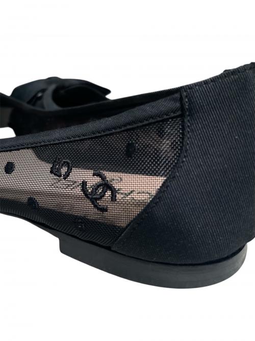 CHANEL（シャネル）CHANEL (シャネル) ココマーク ドット チュール リボン フラットシューズ ブラック サイズ:size36 1/2の古着・服飾アイテム