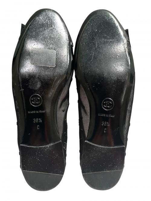 CHANEL（シャネル）CHANEL (シャネル) ココマーク ドット チュール リボン フラットシューズ ブラック サイズ:size36 1/2の古着・服飾アイテム