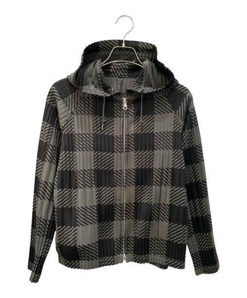 PLEATS PLEASE（プリーツプリーズ）PLEATS PLEASE (プリーツプリーズ) プリーツジップアップパーカー グリーン×ブラック サイズ:size3の古着・服飾アイテム