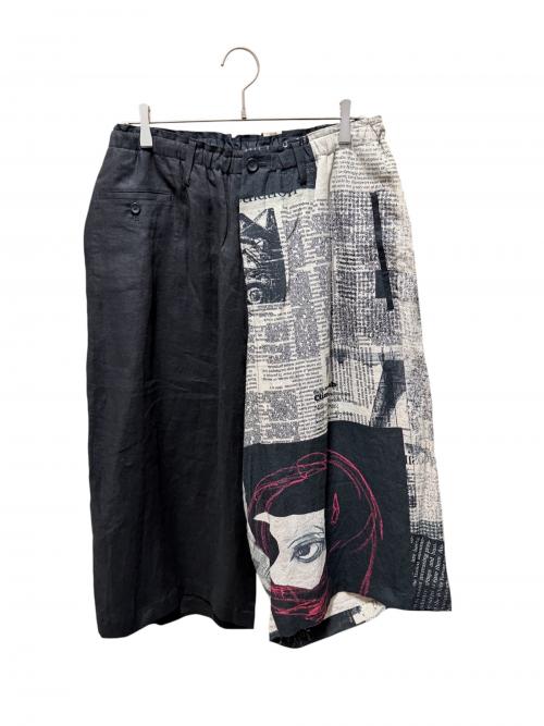 Yohji Yamamoto pour homme（ヨウジヤマモト プールオム）Yohji Yamamoto pour homme YUUKA ASAKURA LINEN NEWSPAPER PRINT TWO TONE PANTS/ユウカ アサクラ リネンユースペーパープリントツートンパンツ ブラック サイズ:2の古着・服飾アイテム