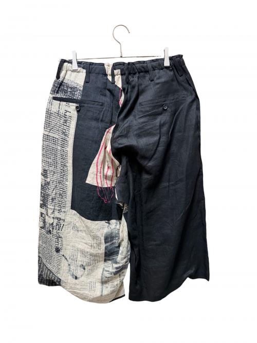 Yohji Yamamoto pour homme（ヨウジヤマモト プールオム）Yohji Yamamoto pour homme YUUKA ASAKURA LINEN NEWSPAPER PRINT TWO TONE PANTS/ユウカ アサクラ リネンユースペーパープリントツートンパンツ ブラック サイズ:2の古着・服飾アイテム