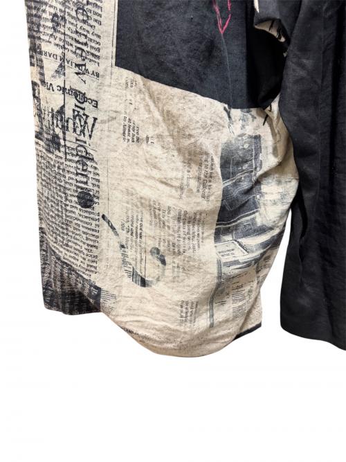Yohji Yamamoto pour homme（ヨウジヤマモト プールオム）Yohji Yamamoto pour homme YUUKA ASAKURA LINEN NEWSPAPER PRINT TWO TONE PANTS/ユウカ アサクラ リネンユースペーパープリントツートンパンツ ブラック サイズ:2の古着・服飾アイテム