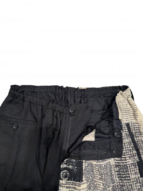 Yohji Yamamoto pour homme（ヨウジヤマモト プールオム）Yohji Yamamoto pour homme YUUKA ASAKURA LINEN NEWSPAPER PRINT TWO TONE PANTS/ユウカ アサクラ リネンユースペーパープリントツートンパンツ ブラック サイズ:2の古着・服飾アイテム