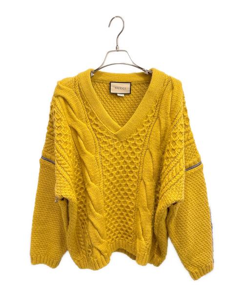 GUCCI（グッチ）GUCCI (グッチ) V-neck cable-knit wool jumper/Vネックケーブルニットウールジャンパー イエロー サイズ:Sの古着・服飾アイテム