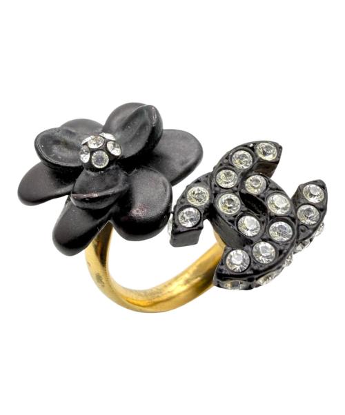 CHANEL（シャネル）CHANEL (シャネル) ヴィンテージ カメリア ココマークラインストーンリング ブラック×ゴールド サイズ:12号の古着・服飾アイテム