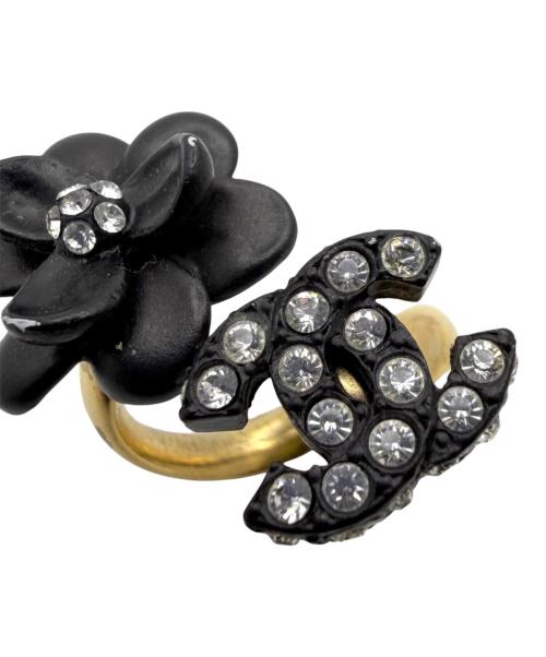 CHANEL（シャネル）CHANEL (シャネル) ヴィンテージ カメリア ココマークラインストーンリング ブラック×ゴールド サイズ:12号の古着・服飾アイテム