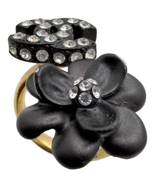 CHANEL（シャネル）CHANEL (シャネル) ヴィンテージ カメリア ココマークラインストーンリング ブラック×ゴールド サイズ:12号の古着・服飾アイテム