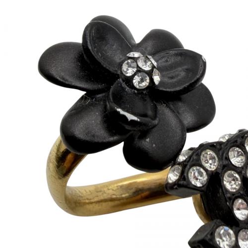 CHANEL（シャネル）CHANEL (シャネル) ヴィンテ－ジ カメリア ココマークラインストーンリング ブラック×ゴールド サイズ:約10号（オープンリングのため多少の調節可能）の古着・服飾アイテム