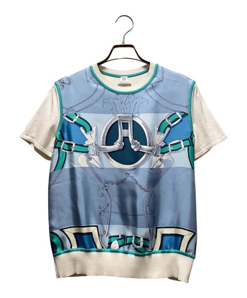 HERMES（エルメス）HERMES (エルメス) シルク切替半袖ニット/L'INSTRUCTION DU ROY ZOOM ブルー×アイボリー サイズ:38 未使用品の古着・服飾アイテム
