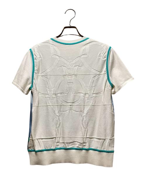 HERMES（エルメス）HERMES (エルメス) シルク切替半袖ニット/L'INSTRUCTION DU ROY ZOOM ブルー×アイボリー サイズ:38 未使用品の古着・服飾アイテム