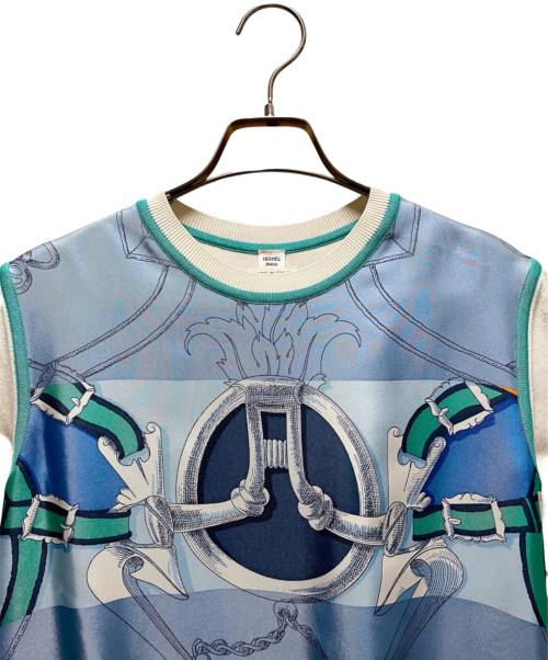 HERMES（エルメス）HERMES (エルメス) シルク切替半袖ニット/L'INSTRUCTION DU ROY ZOOM ブルー×アイボリー サイズ:38 未使用品の古着・服飾アイテム