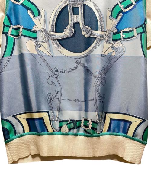HERMES（エルメス）HERMES (エルメス) シルク切替半袖ニット/L'INSTRUCTION DU ROY ZOOM ブルー×アイボリー サイズ:38 未使用品の古着・服飾アイテム