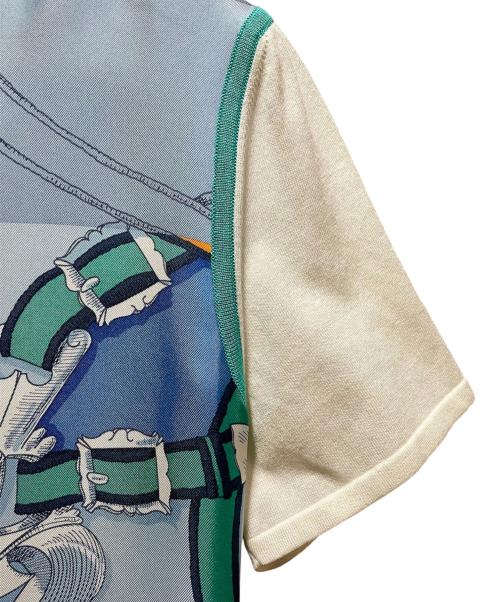 HERMES（エルメス）HERMES (エルメス) シルク切替半袖ニット/L'INSTRUCTION DU ROY ZOOM ブルー×アイボリー サイズ:38 未使用品の古着・服飾アイテム