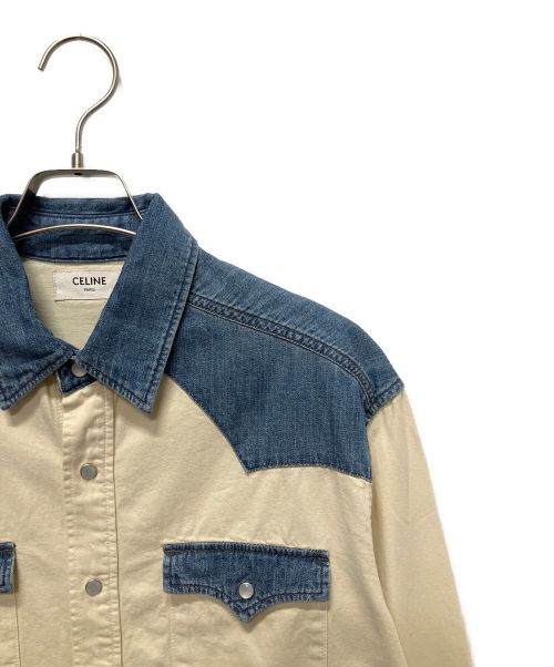 CELINE（セリーヌ）CELINE (セリーヌ) デニム切替ウエスタンシャツ アイボリー×インディゴ サイズ:XSの古着・服飾アイテム