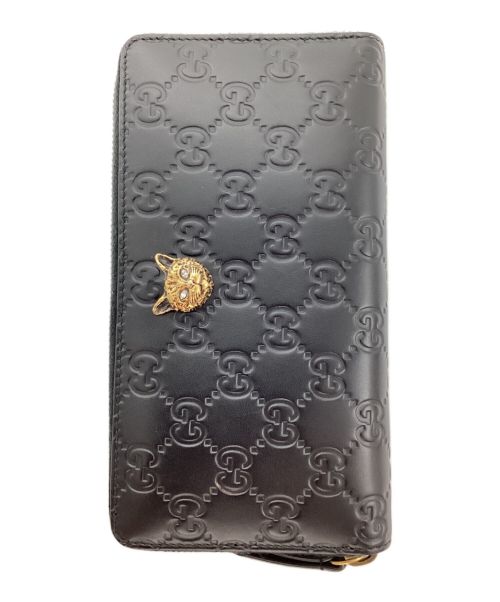 GUCCI（グッチ）GUCCI (グッチ) キャットヘッド グッチシマ GG ロゴ ラウンドファスナー ブラックの古着・服飾アイテム