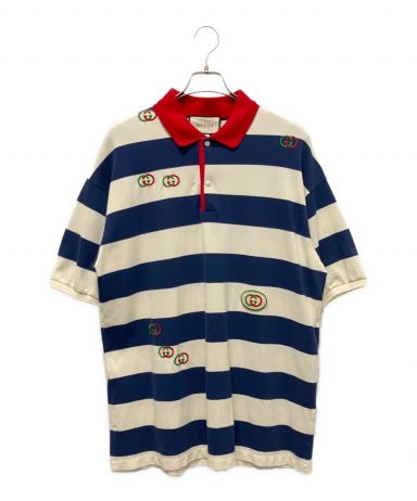 GUCCI 刺繍入りポロシャツ XSサイズ 中古・古着通販】GUCCI (グッチ) GG刺繍ボーダーポロシャツ ネイビー