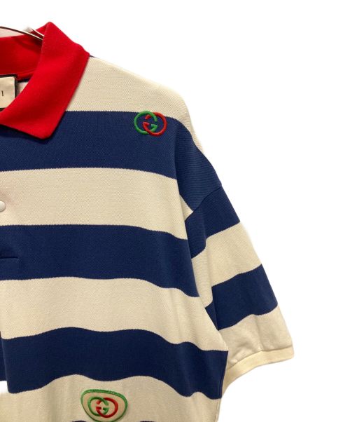 GUCCI（グッチ）GUCCI (グッチ) GG刺繍ボーダーポロシャツ ネイビー サイズ:XLの古着・服飾アイテム