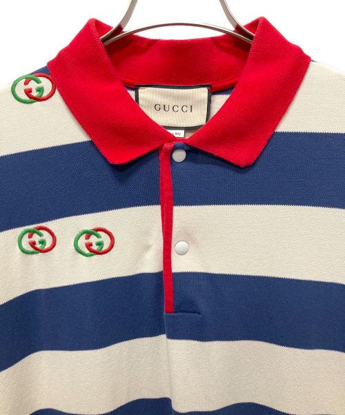 GUCCI（グッチ）GUCCI (グッチ) GG刺繍ボーダーポロシャツ ネイビー サイズ:XLの古着・服飾アイテム