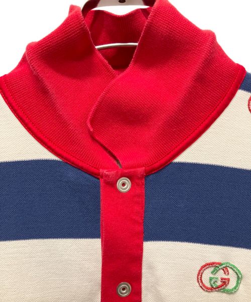 GUCCI（グッチ）GUCCI (グッチ) GG刺繍ボーダーポロシャツ ネイビー サイズ:XLの古着・服飾アイテム