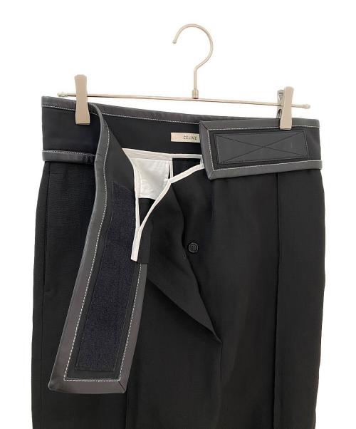 CELINE（セリーヌ）CELINE (セリーヌ) シルク混ウエストレザーラップ ワイドパンツ ブラック サイズ:38の古着・服飾アイテム