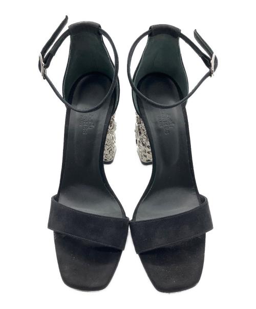 HERMES（エルメス）HERMES (エルメス) Sandálias Pretas Glam Preto/グラム105メタリックスエードサンダル ブラック×シルバー サイズ:38 1/2の古着・服飾アイテム