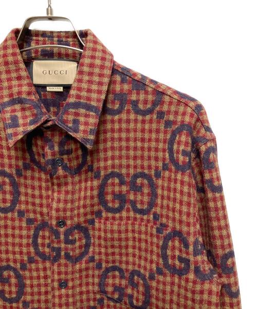 GUCCI（グッチ）GUCCI (グッチ) マキシGGギンガムチェックウール長袖シャツ オレンジ×レッド サイズ:46の古着・服飾アイテム