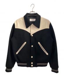 CELINE（セリーヌ）の古着「レザーカウボーイヨーク切替ウールスタジャンブルゾン」｜ブラック×ホワイト