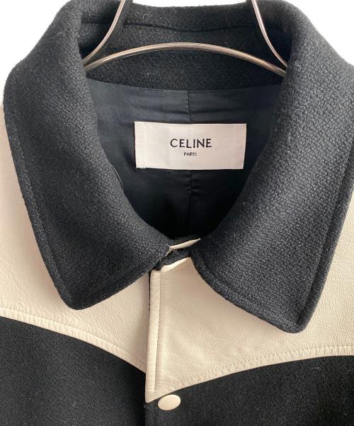 CELINE（セリーヌ）CELINE (セリーヌ) レザーカウボーイヨーク切替ウールスタジャンブルゾン ブラック×ホワイト サイズ:44の古着・服飾アイテム