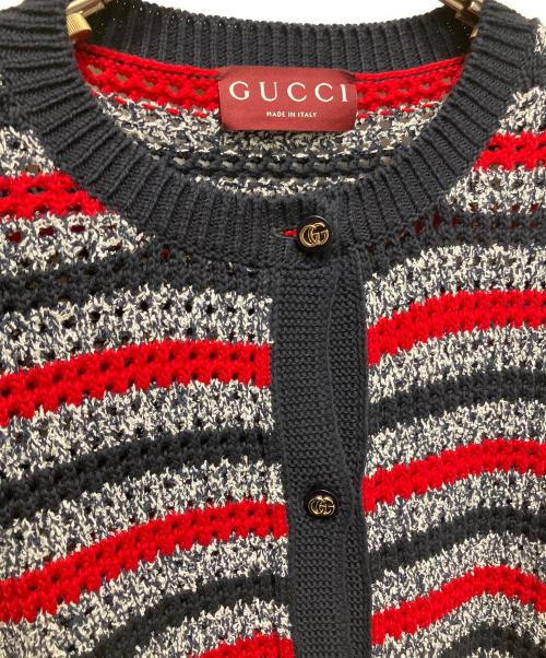 GUCCI（グッチ）GUCCI (グッチ) GGボタン ボーダーカーディガン ネイビー×レッド サイズ:Lの古着・服飾アイテム