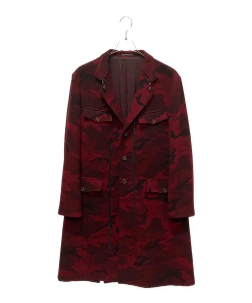 Yohji Yamamoto pour homme（ヨウジヤマモト プールオム）Yohji Yamamoto pour homme (ヨウジヤマモト プールオム) 14AW ジップアップミリタリー ウール ロング コート/迷彩柄/レッド/ レッド サイズ:3の古着・服飾アイテム