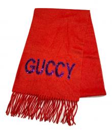 GUCCI（グッチ）の古着「カシミヤ混 GUCCYスパンコールロゴストール」｜レッド