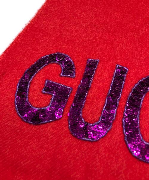 GUCCI（グッチ）GUCCI (グッチ) カシミヤ混 GUCCYスパンコールロゴストール レッドの古着・服飾アイテム
