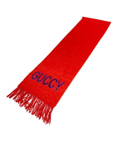GUCCI（グッチ）GUCCI (グッチ) カシミヤ混 GUCCYスパンコールロゴストール レッドの古着・服飾アイテム