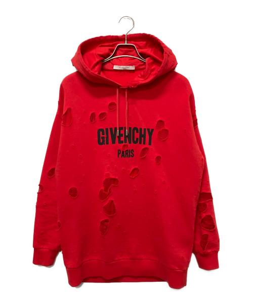 GIVENCHY（ジバンシィ）GIVENCHY (ジバンシィ) ロゴ デストロイ加工 プルオーバーパーカー レッド サイズ:XSの古着・服飾アイテム