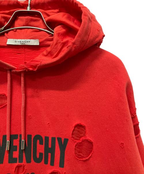GIVENCHY（ジバンシィ）GIVENCHY (ジバンシィ) ロゴ デストロイ加工 プルオーバーパーカー レッド サイズ:XSの古着・服飾アイテム