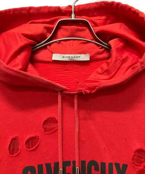 GIVENCHY（ジバンシィ）GIVENCHY (ジバンシィ) ロゴ デストロイ加工 プルオーバーパーカー レッド サイズ:XSの古着・服飾アイテム