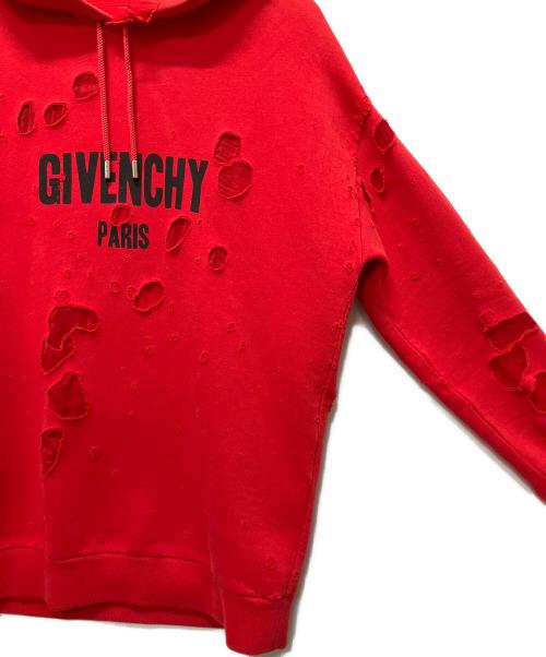 GIVENCHY（ジバンシィ）GIVENCHY (ジバンシィ) ロゴ デストロイ加工 プルオーバーパーカー レッド サイズ:XSの古着・服飾アイテム