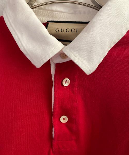 GUCCI（グッチ）GUCCI (グッチ)  レッドストライプ ロゴ ジャカード ポロシャツ レッド サイズ:Lの古着・服飾アイテム