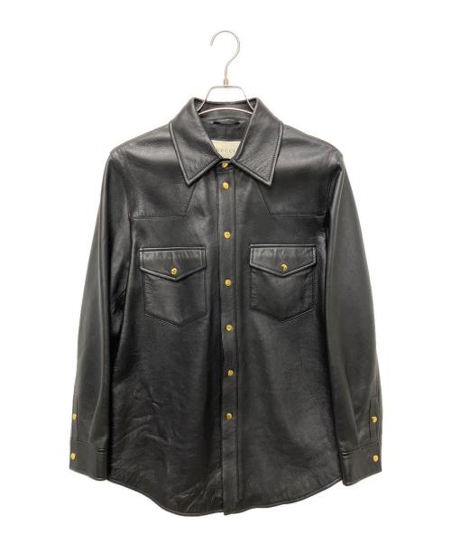 GUCCI（グッチ）GUCCI (グッチ) Embossed Logo Leather Shirt Jacket Black ブラック サイズ:48の古着・服飾アイテム