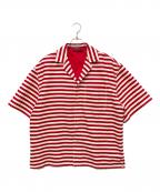 GUCCIグッチ）の古着「GGジャガードボーダー半袖シャツ/Embroidered Cotton Blend Shirt」｜レッド×ホワイト