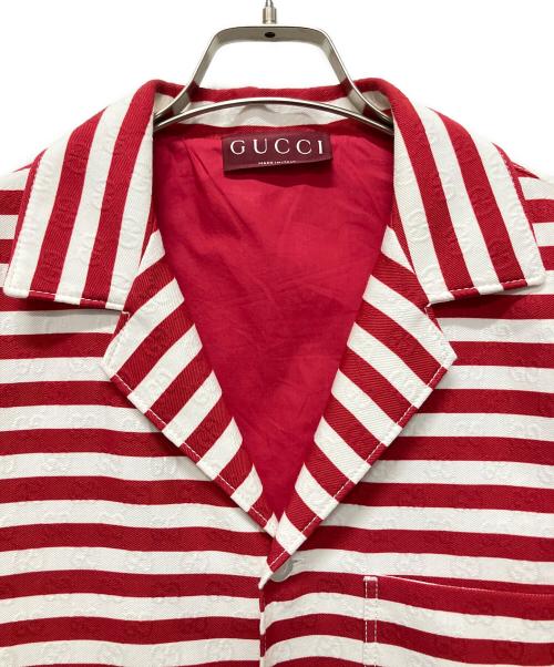 GUCCI（グッチ）GUCCI (グッチ) GGジャガードボーダー半袖シャツ/Embroidered Cotton Blend Shirt レッド×ホワイト サイズ:46の古着・服飾アイテム