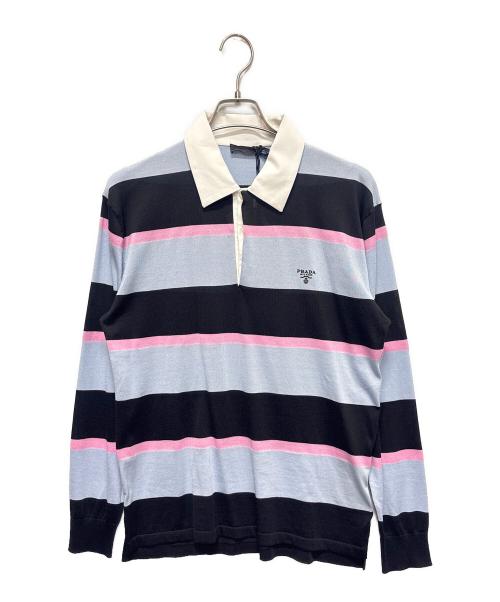 PRADA（プラダ）PRADA (プラダ) ストライプシルクコットンポロシャツ ブラック×ブルー サイズ:48の古着・服飾アイテム