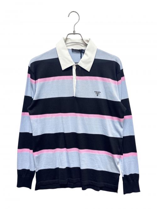 PRADA（プラダ）PRADA (プラダ) ストライプシルクコットンポロシャツ ブラック×ブルー×ピンク サイズ:48の古着・服飾アイテム