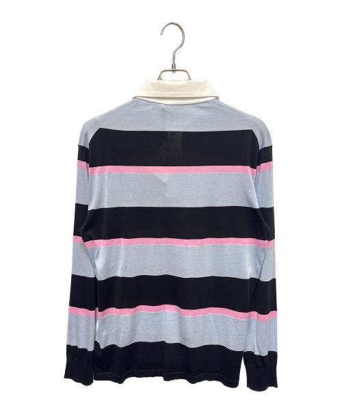PRADA（プラダ）PRADA (プラダ) ストライプシルクコットンポロシャツ ブラック×ブルー サイズ:48の古着・服飾アイテム
