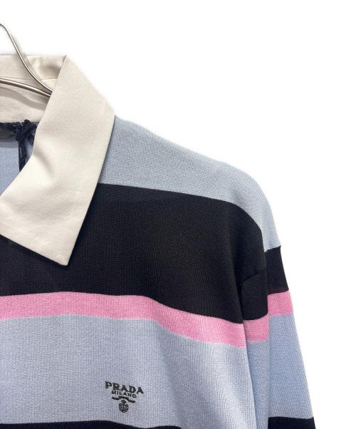 PRADA（プラダ）PRADA (プラダ) ストライプシルクコットンポロシャツ ブラック×ブルー サイズ:48の古着・服飾アイテム