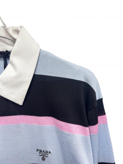 PRADA（プラダ）PRADA (プラダ) ストライプシルクコットンポロシャツ ブラック×ブルー×ピンク サイズ:48の古着・服飾アイテム