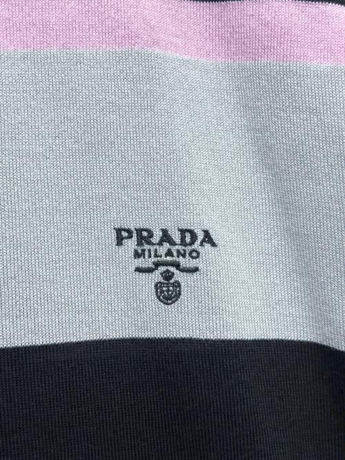 PRADA（プラダ）PRADA (プラダ) ストライプシルクコットンポロシャツ ブラック×ブルー×ピンク サイズ:48の古着・服飾アイテム